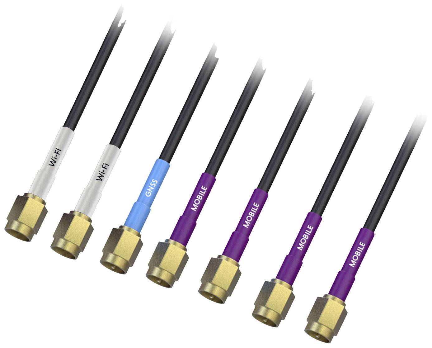 Seven antenna cables with different colour coding and labels 'Wi-Fi', 'GNSS' and 'Mobile'.