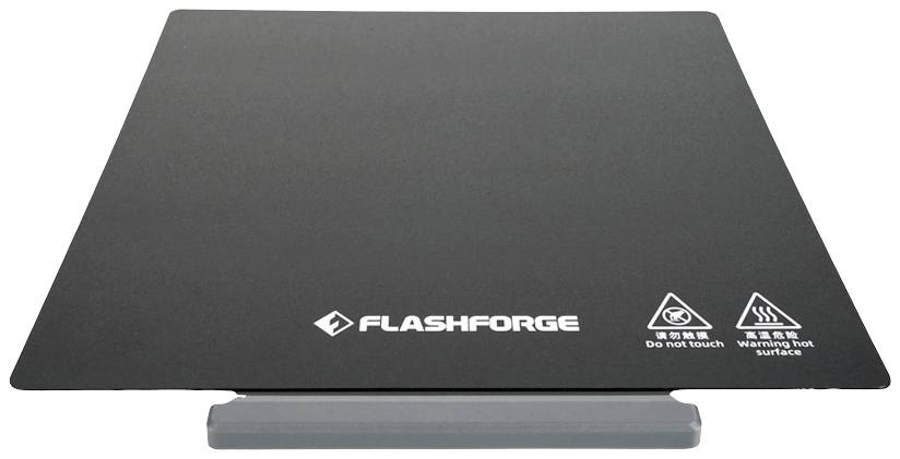 A black printing plate for a 3D printer by FlashForge, with warning symbols for high temperatures and usage instructions.