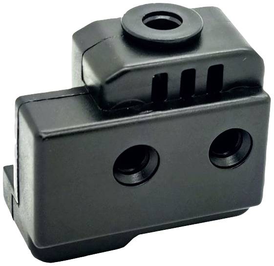 A black, rectangular plastic component with two round openings on the front face and a larger hole at the top. Apparently a technical part or component.