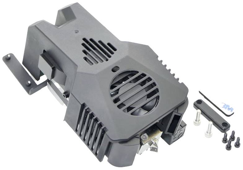 A black and grey enclosure with ventilation slots, a fan, and separate screws, likely a hardware cooling component set.