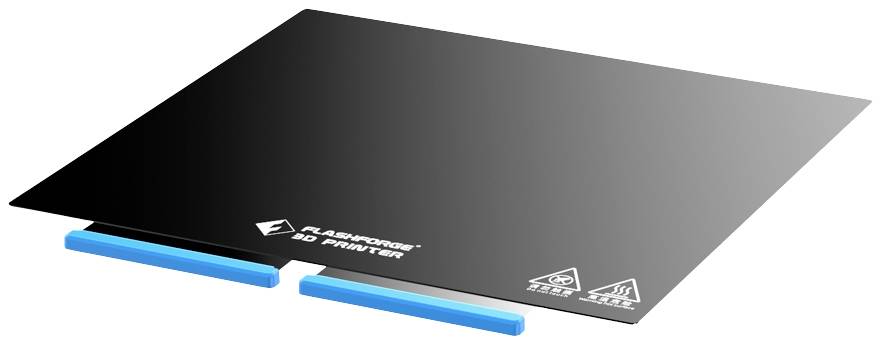 A rectangular, black, flexible print bed for a 3D printer with blue handles, marked with logos and safety instructions.