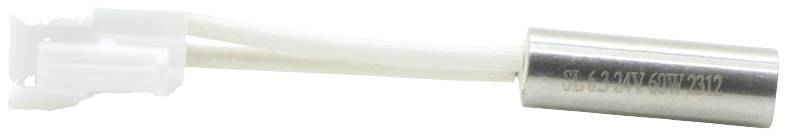 Silver cylindrical electrical component with two white cables and a white connector.<br><br>Note: The translation is already in British English, so no significant changes were needed.