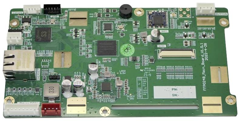 Green electronic circuit board with various chips, connectors, and components, for technical applications.