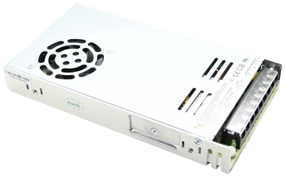 A flat, rectangular metal device with a fan and connection terminals, suitable for power supply in electronic equipment.