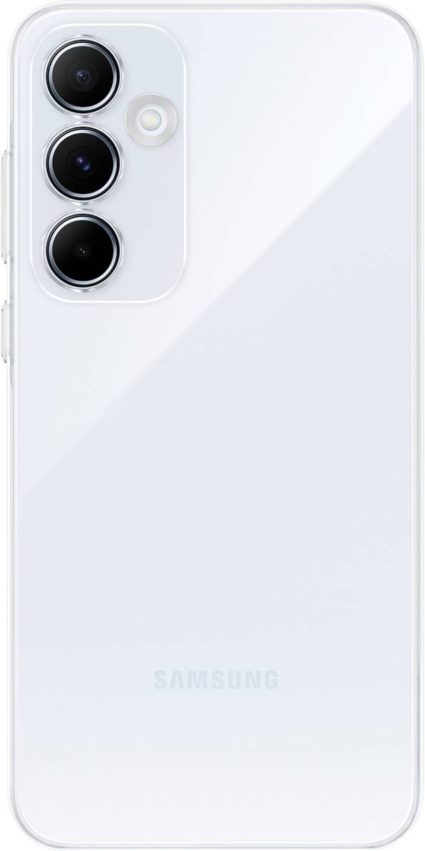 Back of a white smartphone with three camera lenses and a flash.