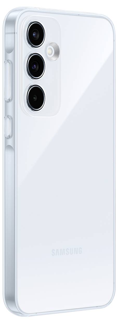 A modern smartphone in a transparent case, with three vertically arranged camera lenses visible on the back.