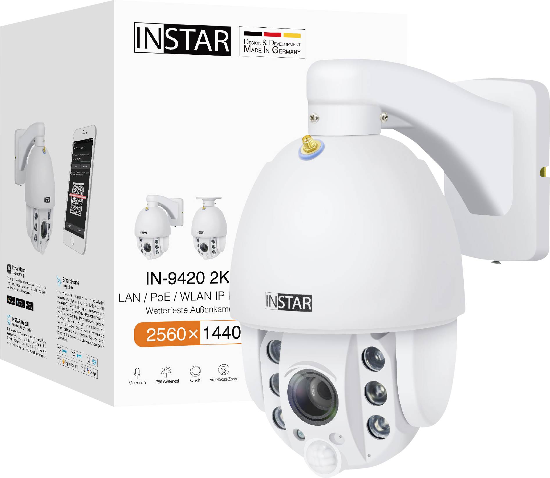 INSTAR IN-9420 2K IP Camera with LAN/PoE/WLAN pictured on packaging, shows camera features such as weatherproof outdoor mounting and 2560x1440 resolution.
