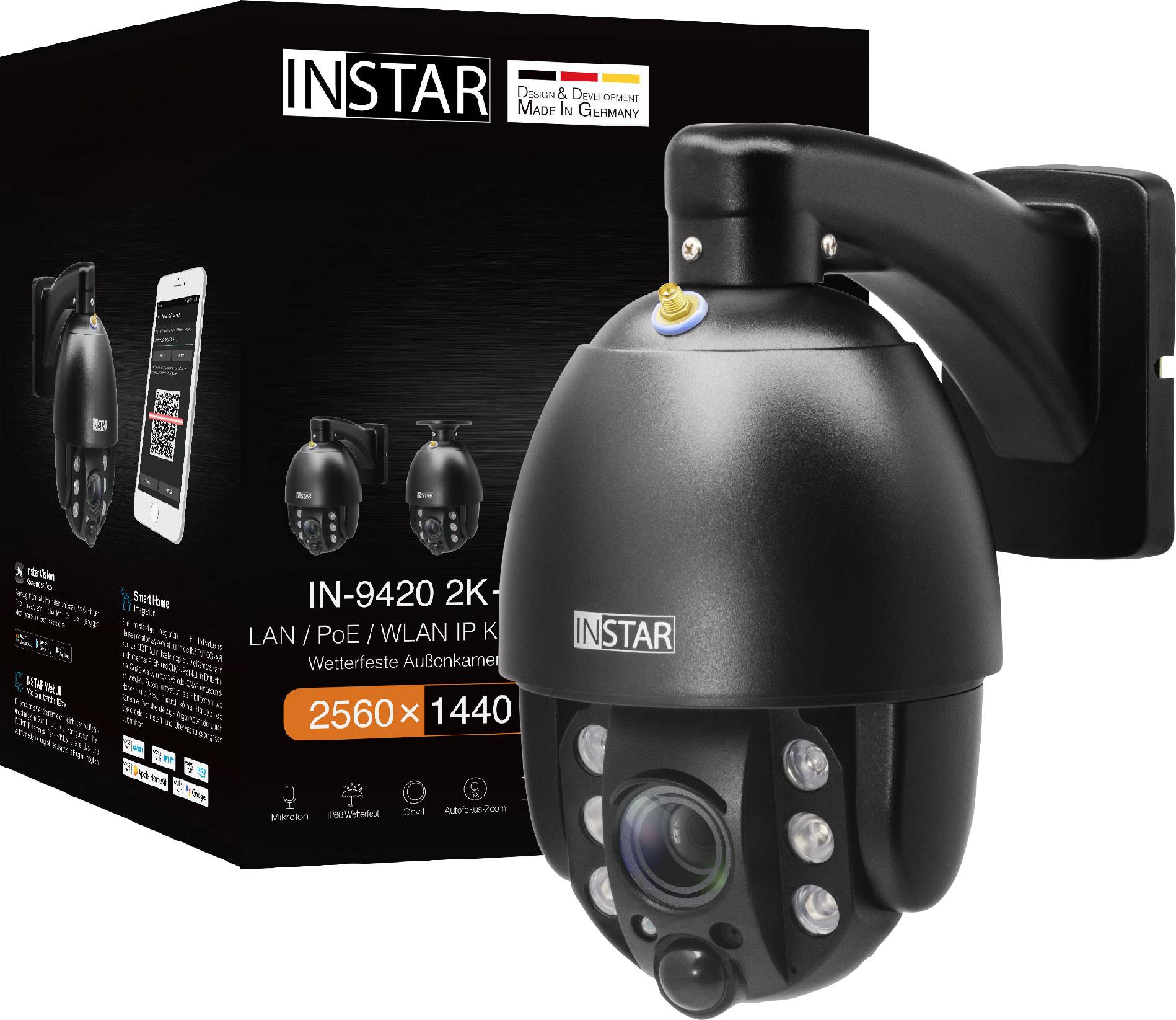 Security camera 'IN-9420 2K+' with Wi-Fi and Ethernet, mounted on a wall; packaging shows technical specifications and label 'Made in Germany'.