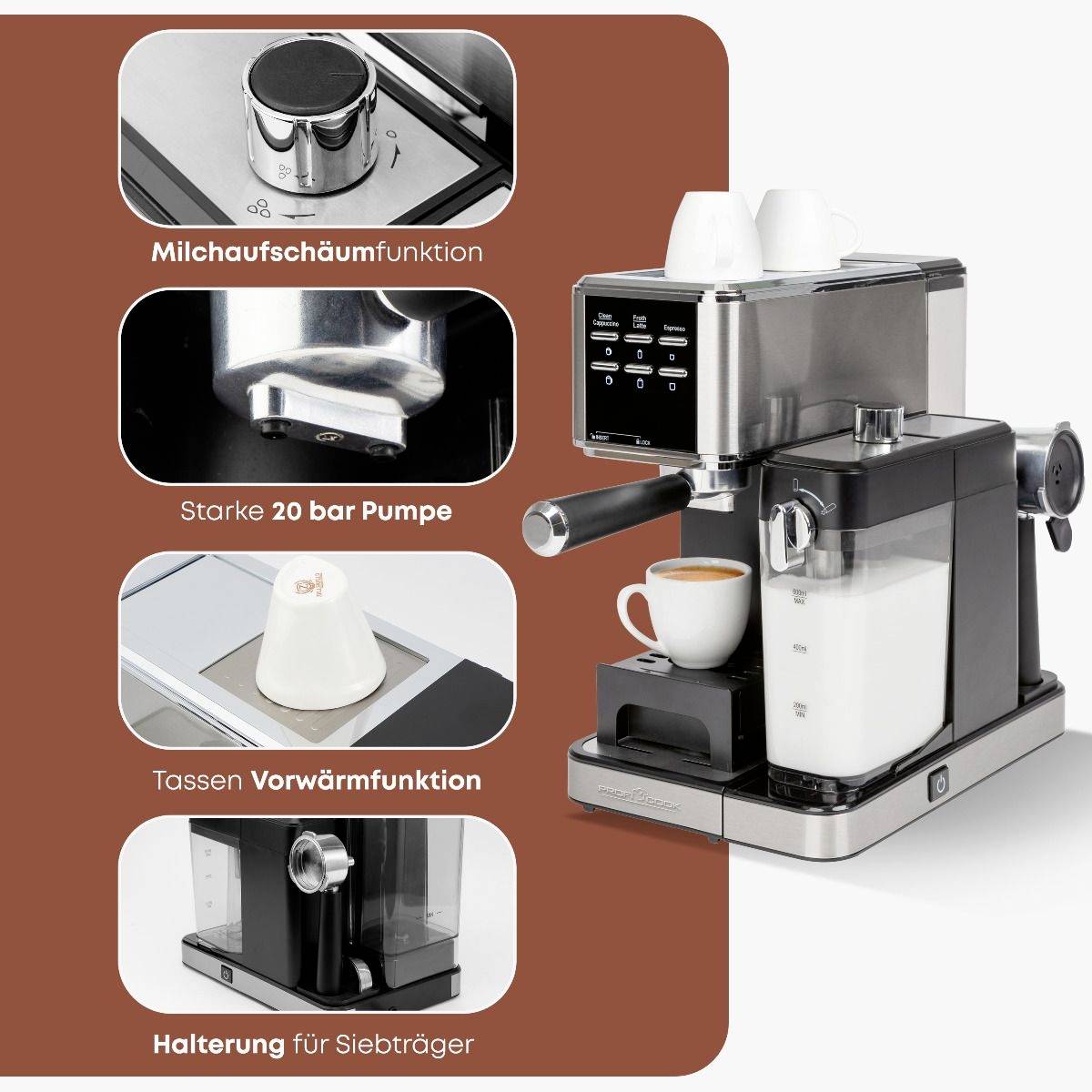 Espresso machine with milk frothing function, 20-bar pump, cup warming feature and portafilter holder.
