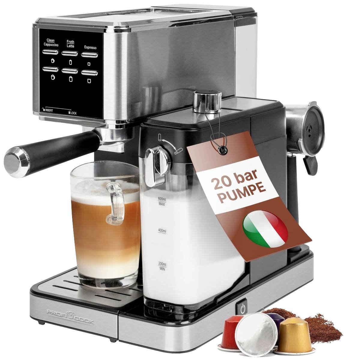 Silver espresso machine with digital display, prepared latte macchiato in a glass, Italian flag on '20 bar pump' label.