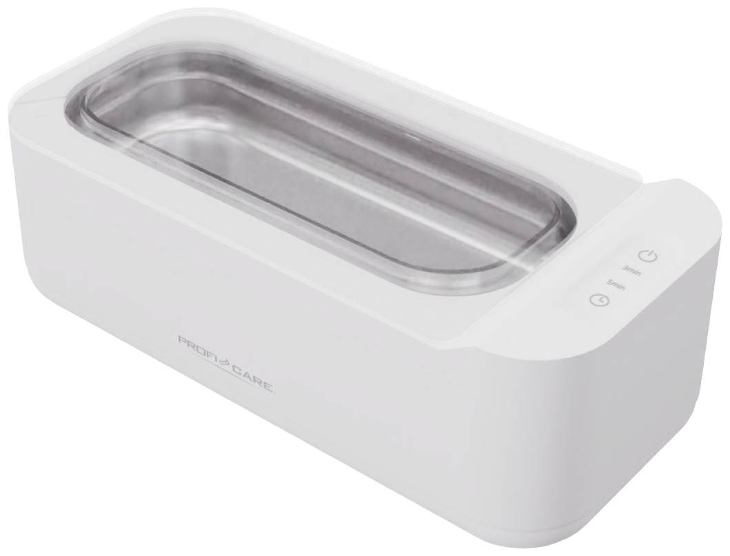 White, rectangular ultrasonic cleaner with a stainless steel inner chamber and two buttons on the top surface for operation.