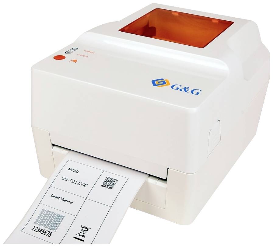A white label printer by G&G with an orange viewing window, printing a paper label with a barcode and the model number 'GG-TD-200C'.