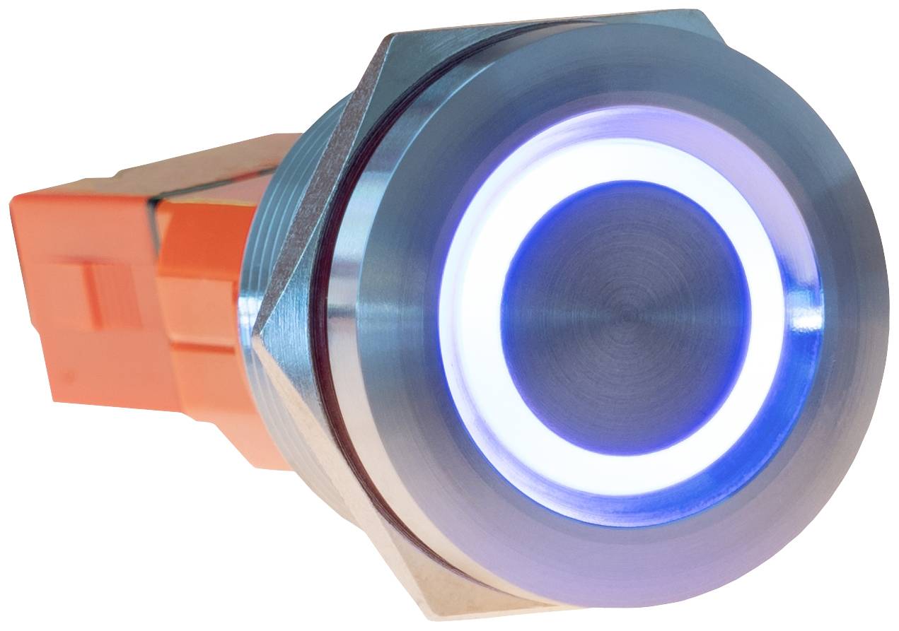 Illuminated metallic push button with a blue ring and red connection, suitable for industrial applications for control or signalling.