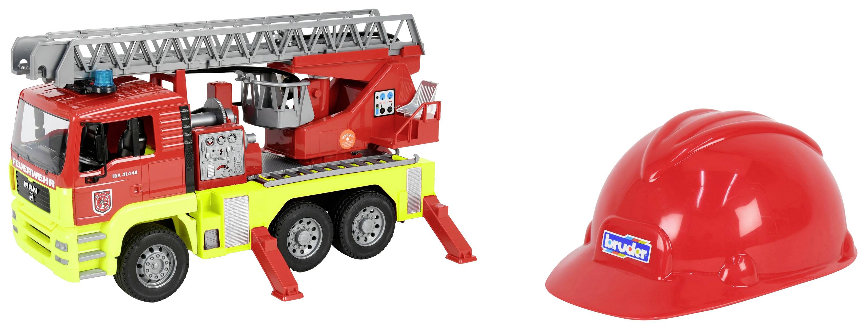 Toy fire engine with ladder next to a red safety helmet; both items designed for children's play.