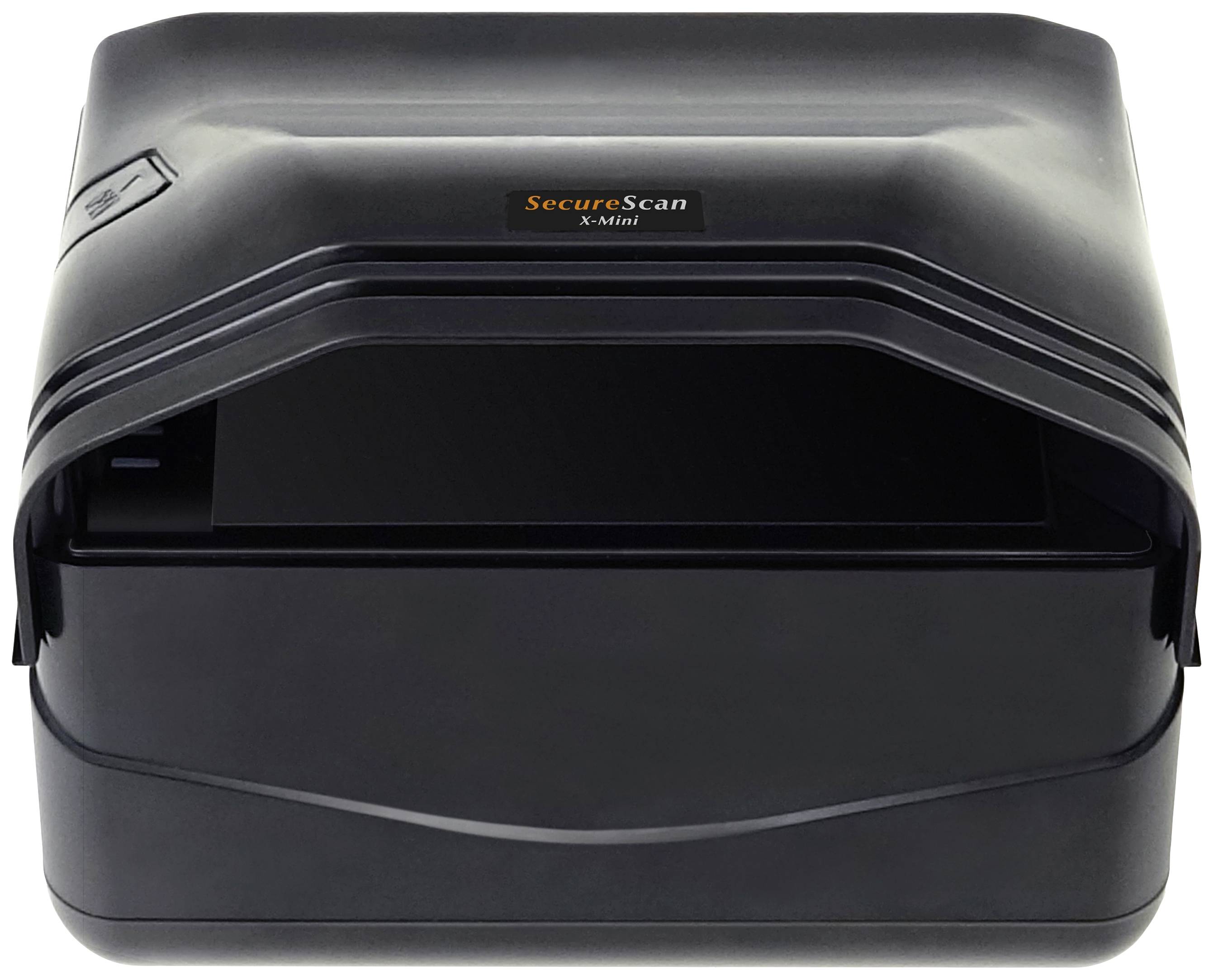 A black document scanner with the text 'SecureScan X-Mini' printed on the top surface.