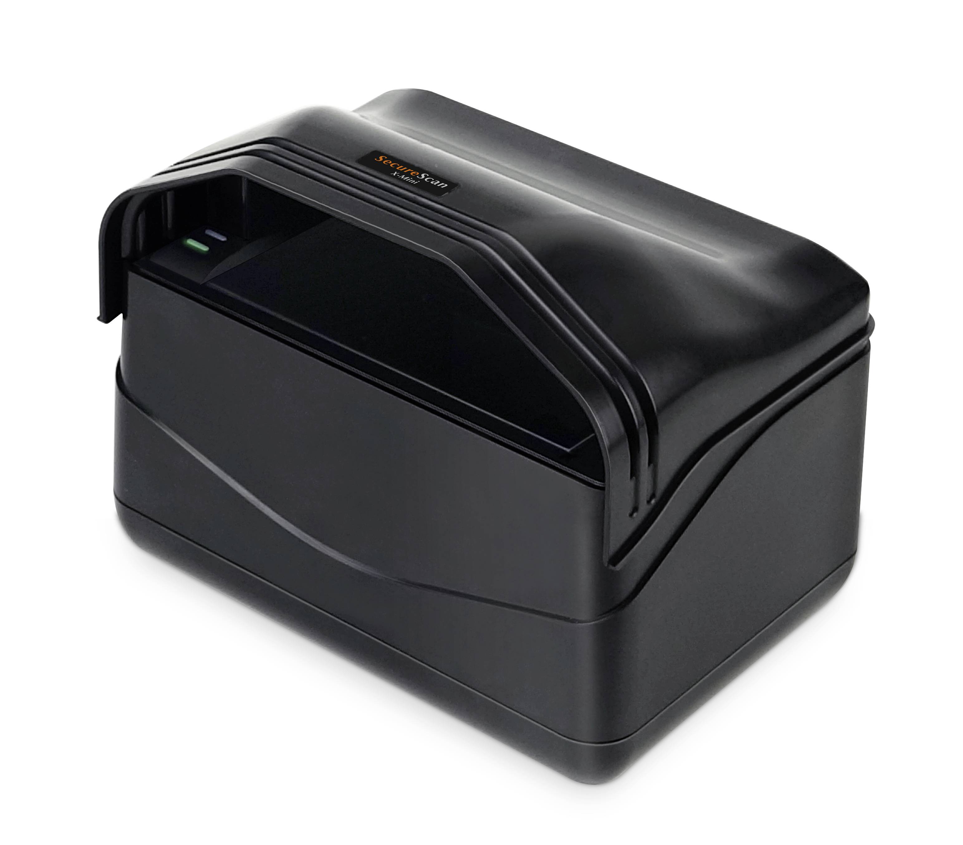 Black optical scanner with a rounded protective cover and small green LED light. Used for fingerprint capture.