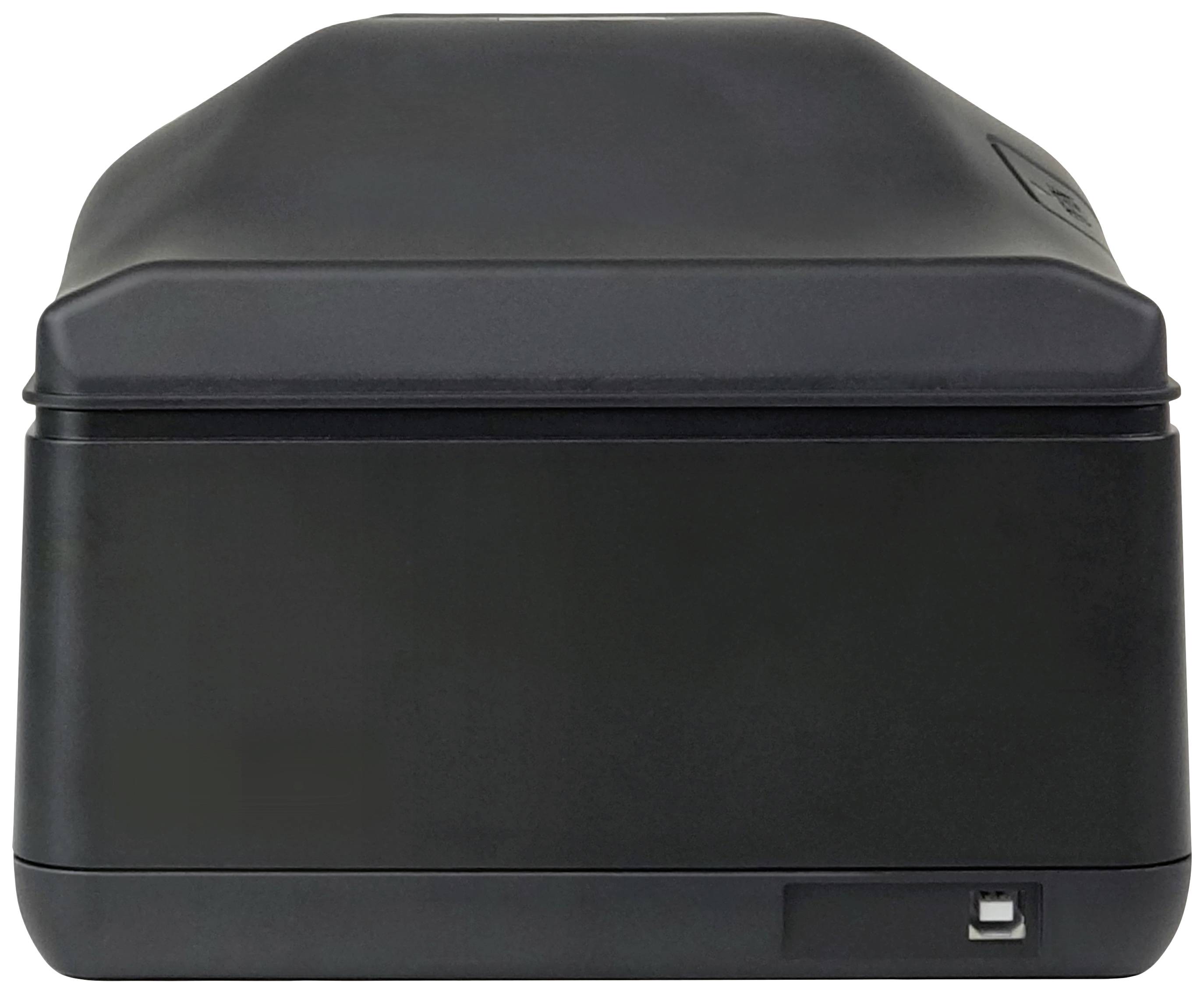 A compact, black printer with a smooth surface. Rear view shows USB port on the bottom right.
