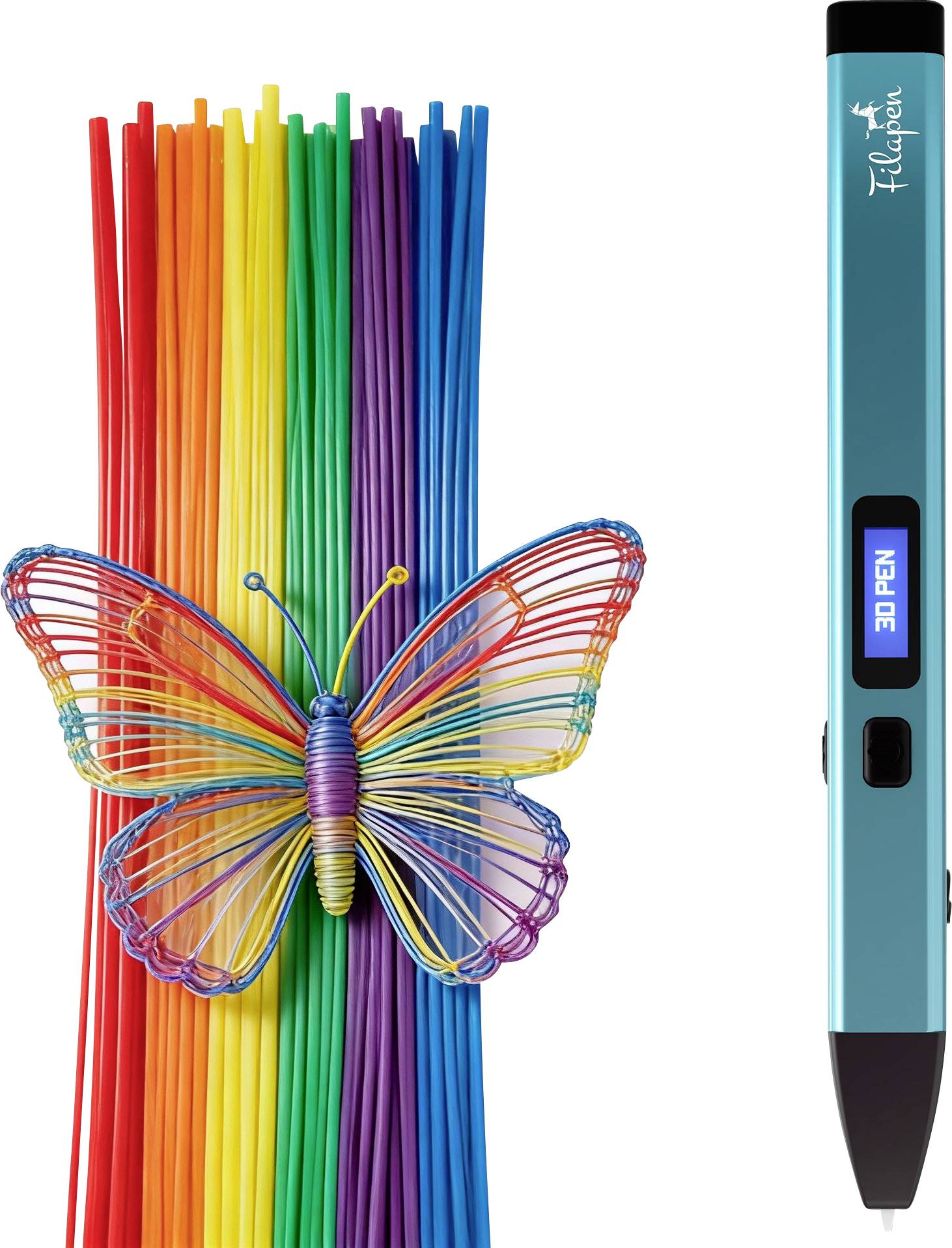Colorful butterfly made from rainbow-colored plastic strands beside a turquoise 3D pen on a white background.
