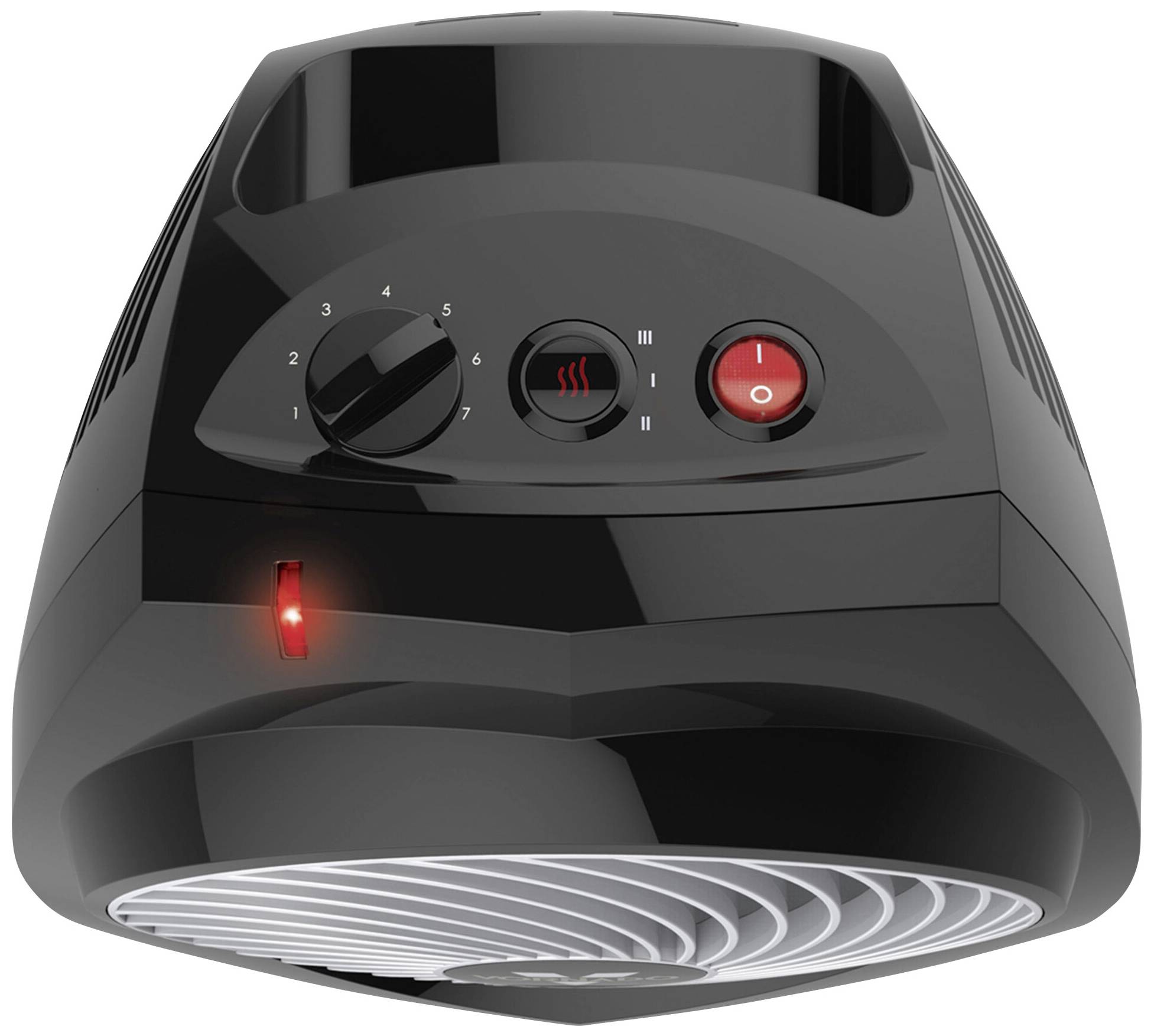 A black electric fan heater with a rotary dial and two buttons. A red light indicates operation.