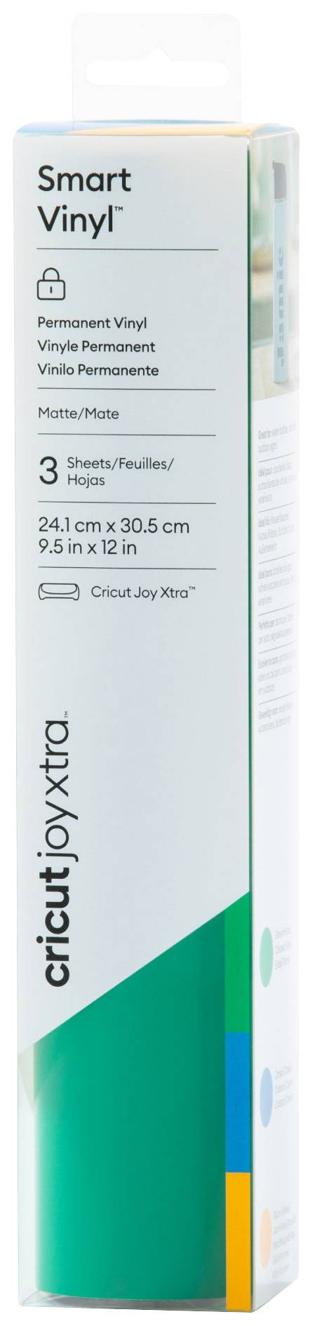 Packaging of 'Cricut Smart Vinyl' for the Cricut Joy Xtra. Contains 3 sheets of permanent vinyl. Dimensions: 24.1 cm x 30.5 cm.