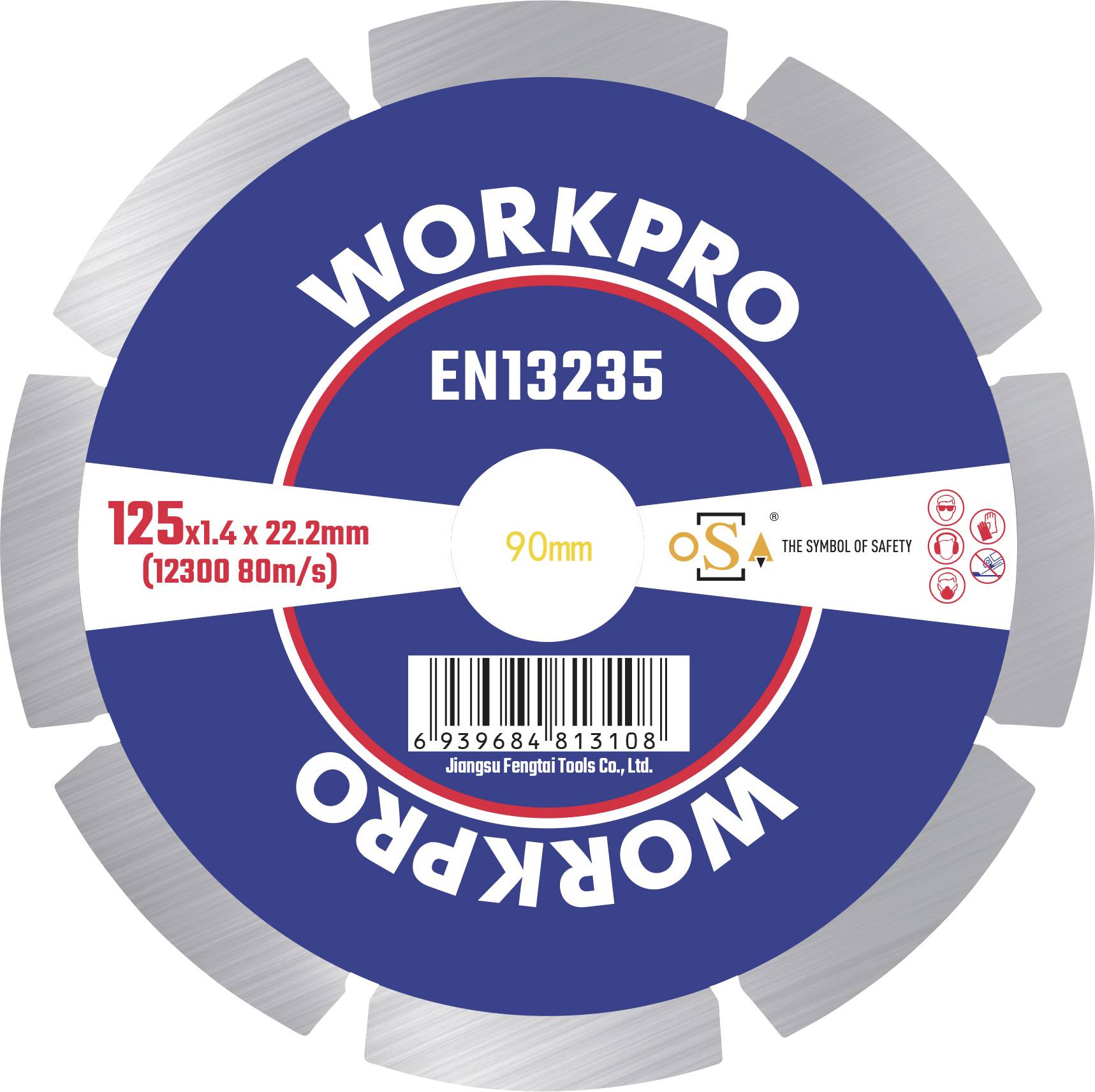 Saw Blade Label: WORKPRO EN13235, 125x1.4x22.2mm, 12300 80m/s. Centre Opening: 90mm. Safety and Manufacturer Instructions Available.