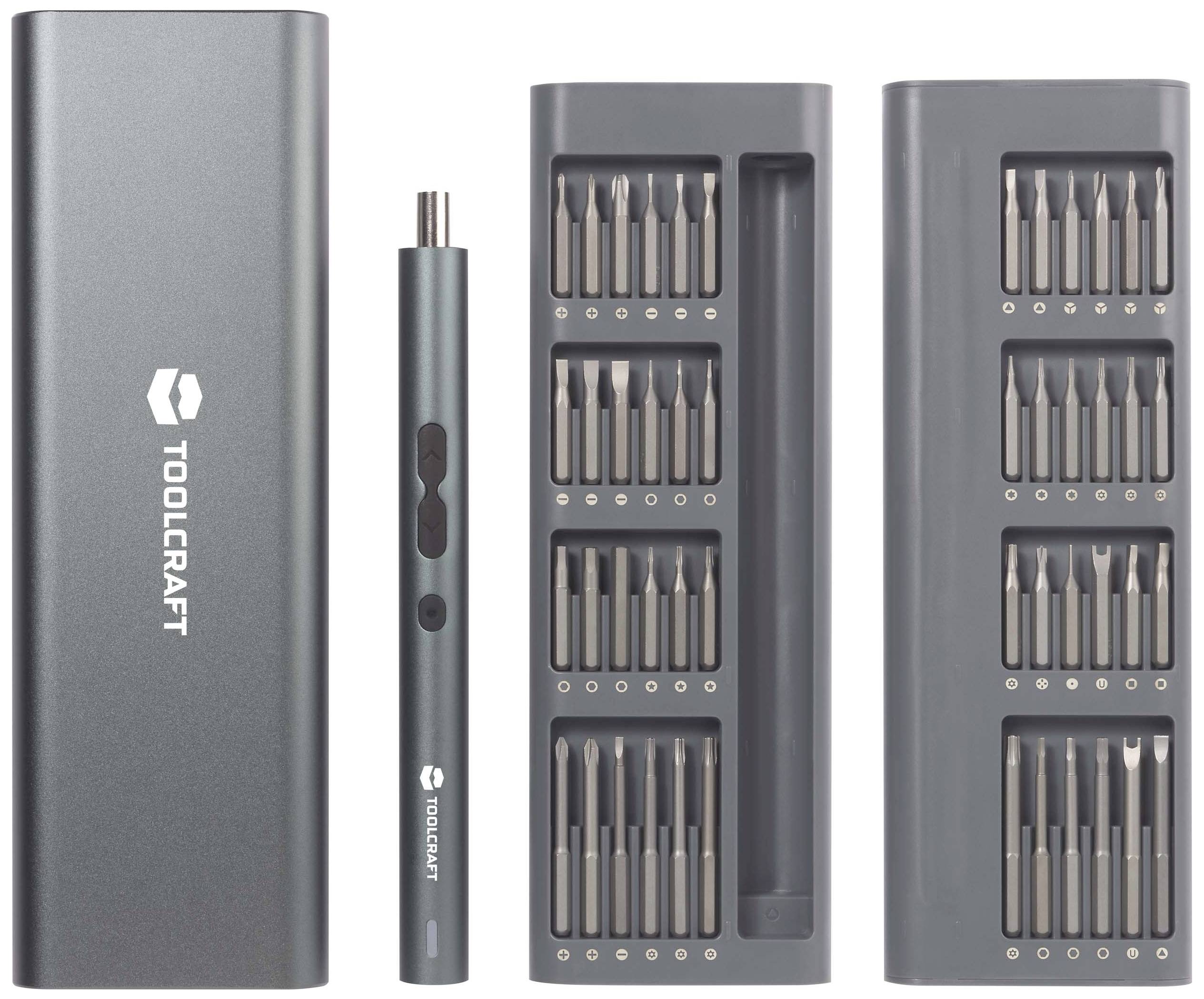 Electric screwdriver with interchangeable bits in a compact case. Contains various bit sizes for versatile use.