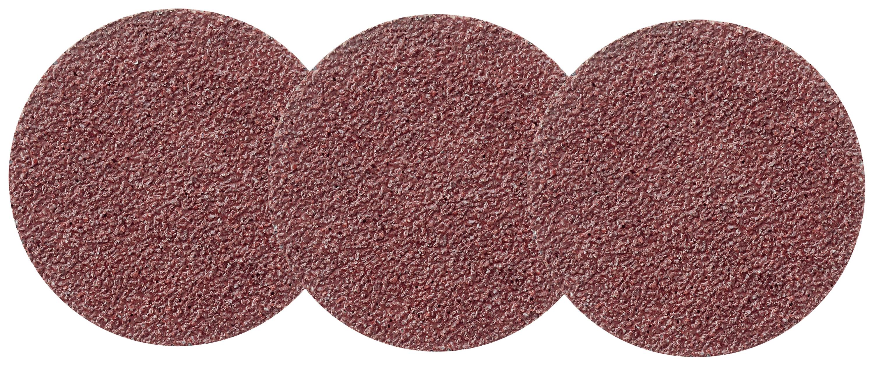 Three round grinding wheels with a coarse, red surface, arranged side by side.