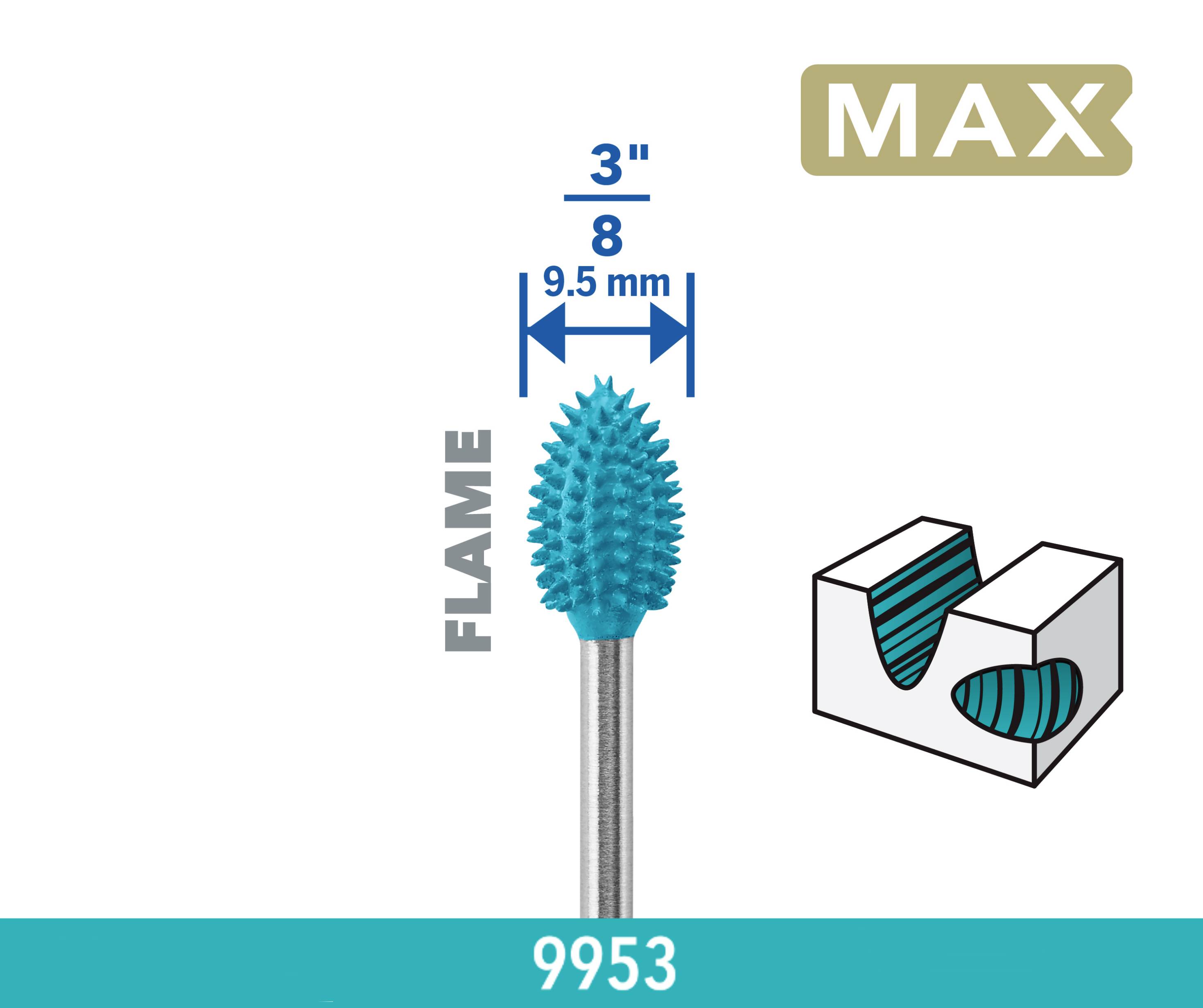 Milling attachment with 9.5 mm flame-shaped form, suitable for precision cuts in metal, product code 9953, brand 'MAX'.