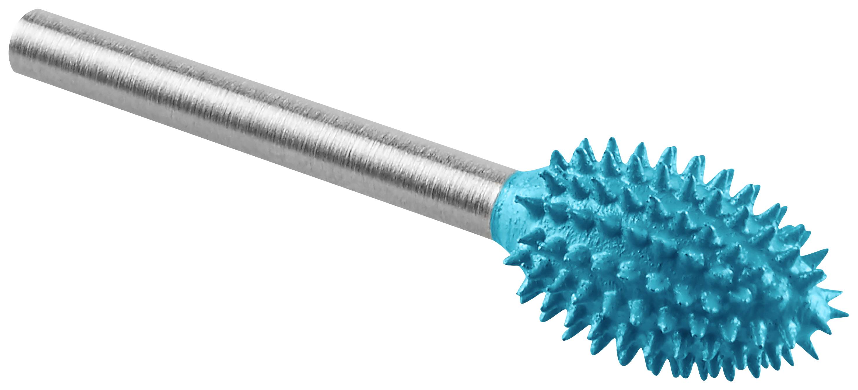 A metal milling cutter with a blue, serrated head and silver shaft, used for grinding or shaping materials in technical applications.