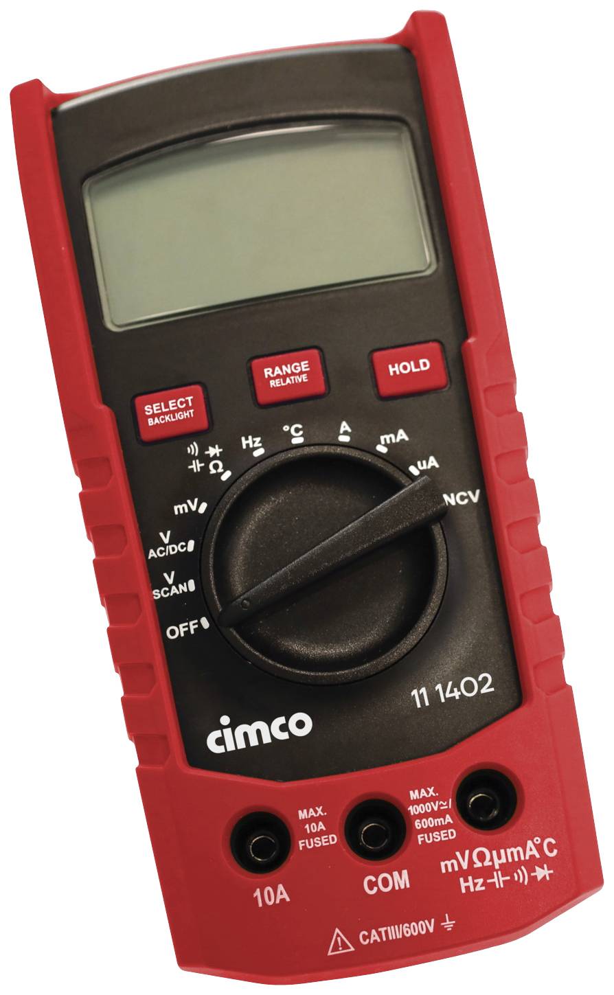 Red digital multimeter with display and rotary dial for measurement ranges. 'Cimco' brand name visible. Used for electrical measurements.