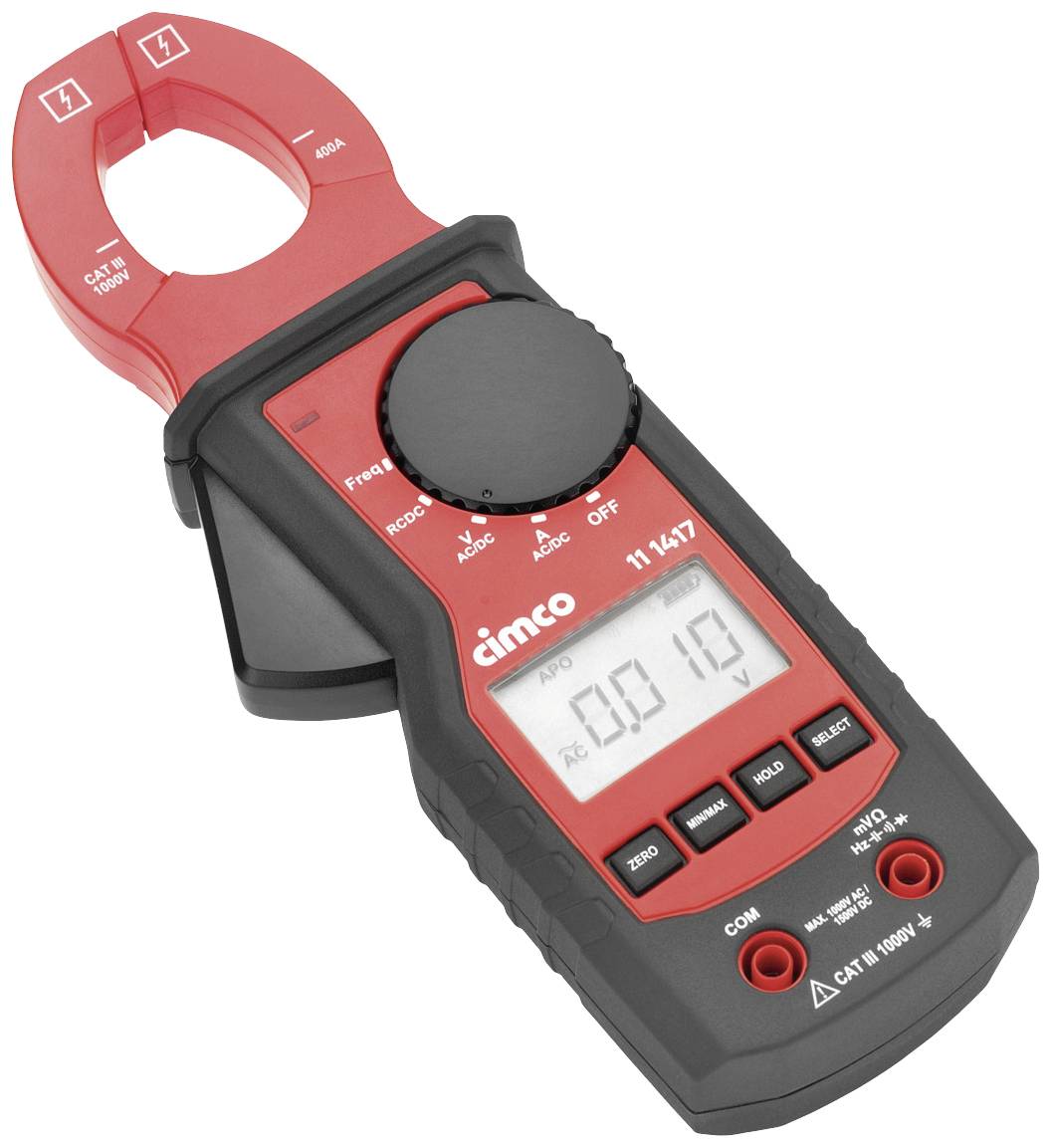 Current clamp meter with digital display, showing '00.10'. Red and black body, brand name 'cimco' visible.