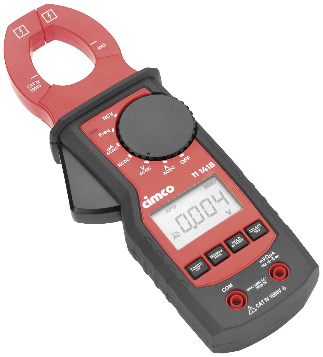 A digital multimeter with clamp function displays a measurement value of '0.004' on the display. The device is black and red.