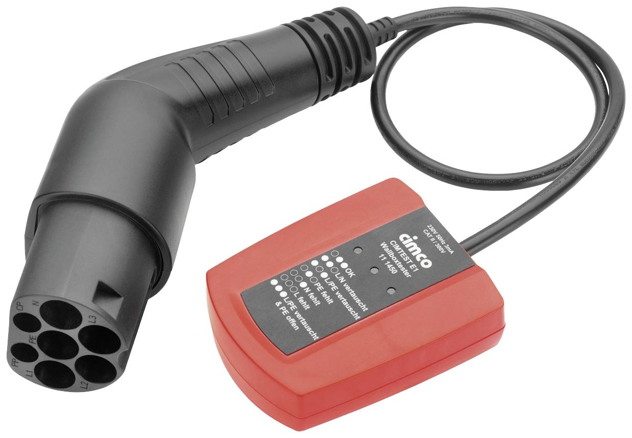 Charger for electric vehicles with a black plug and red adapter. Adapter displays status indicators and charging information.