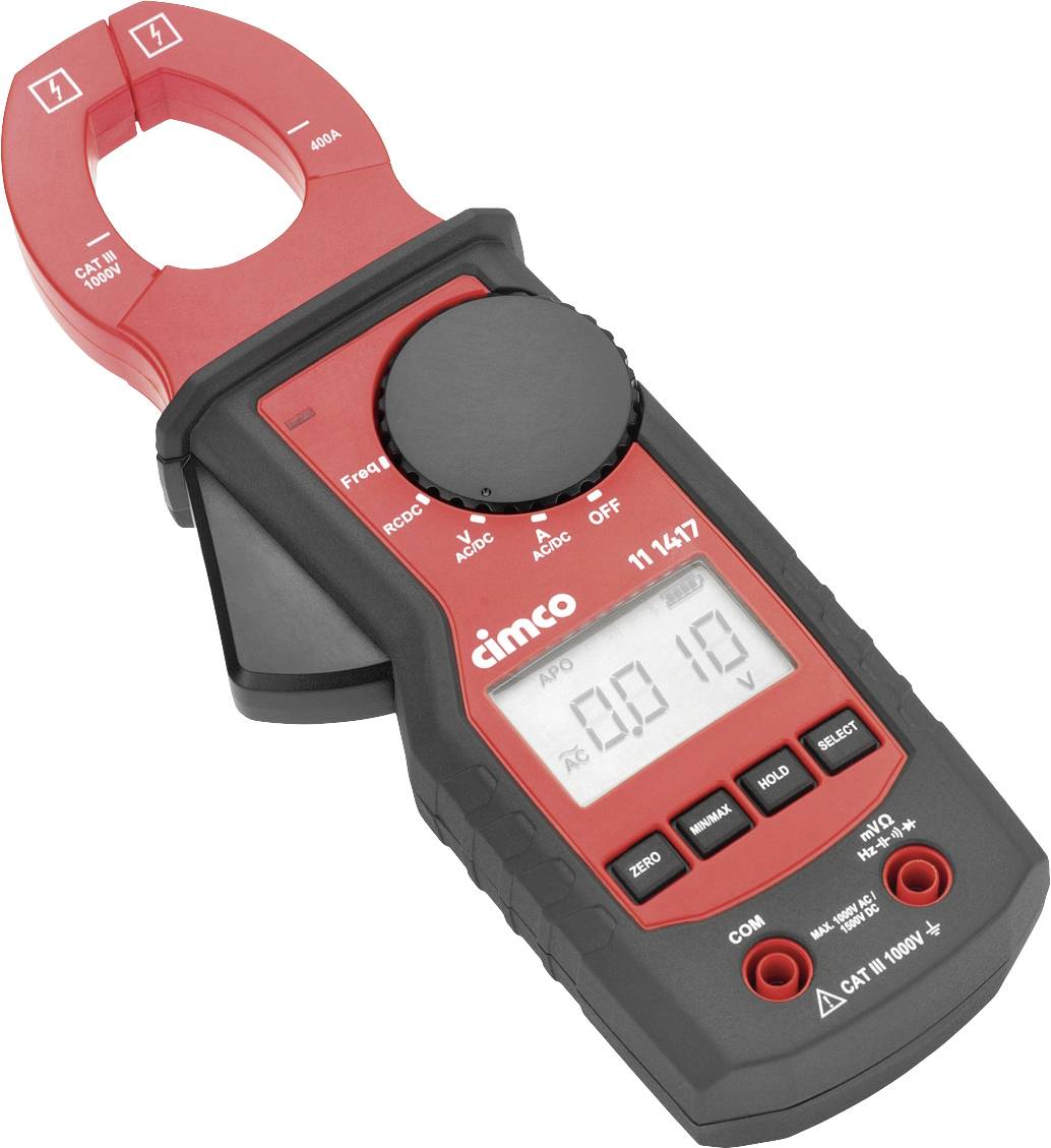 A red digital clamp multimeter with an open clamp head. LCD display shows '0.01'. Buttons for various measurement functions are present.