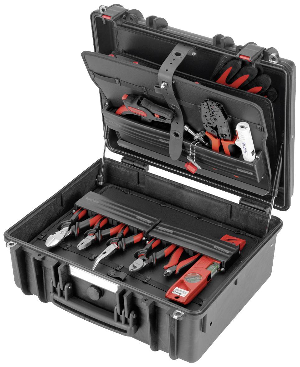 Black tool case with an open lid, displaying various tools such as pliers, screwdrivers and measuring instruments neatly arranged.