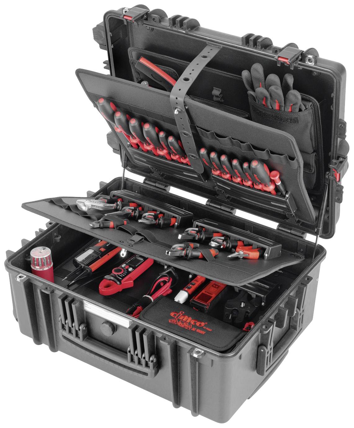 Opened toolbox with various tools such as screwdrivers, pliers and gloves, neatly arranged.