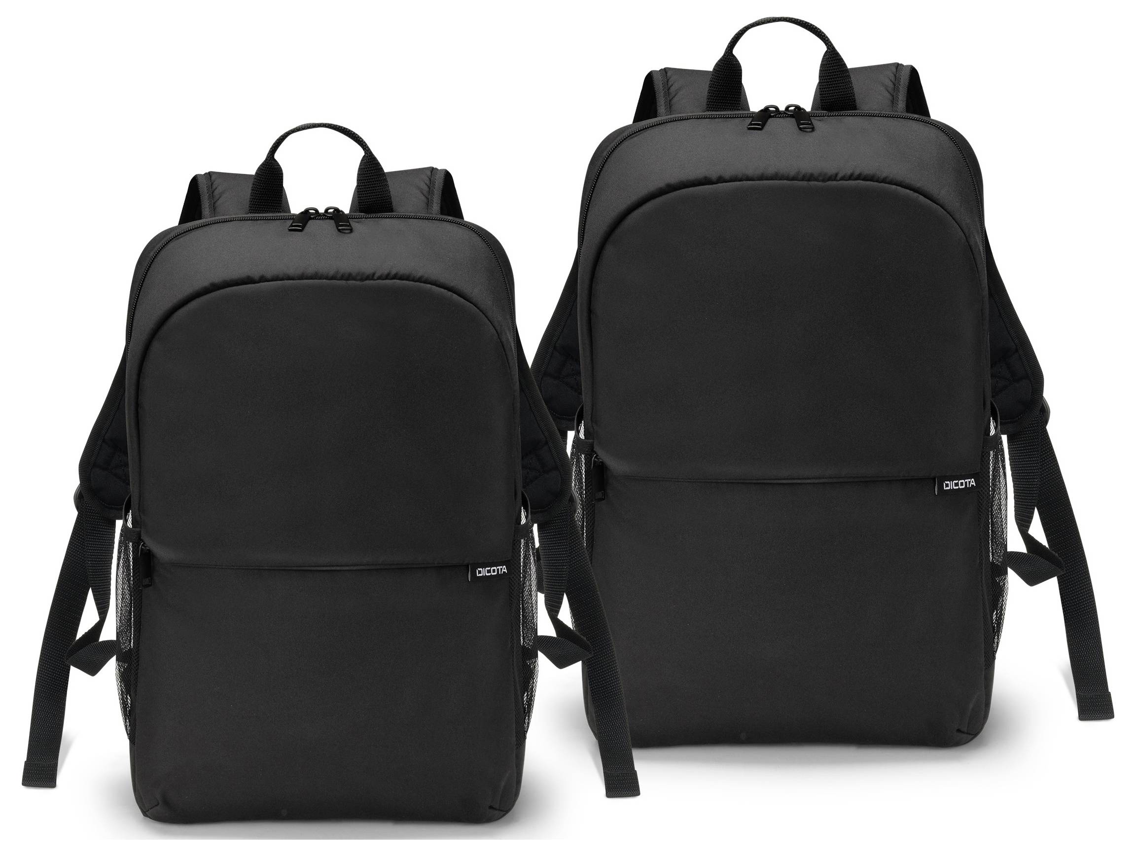 Two black rucksacks side by side against a white background. Both have a simple design with front pockets and shoulder straps.
