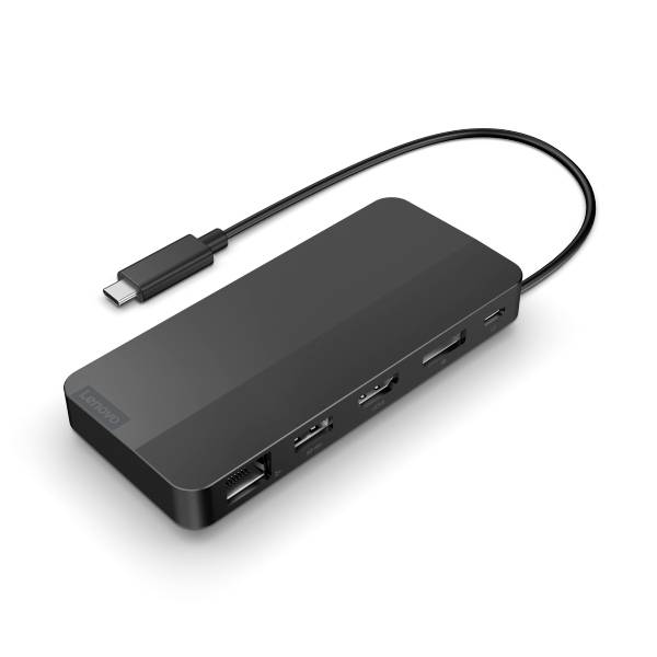 A black USB-C hub with multiple ports, including HDMI, USB, Ethernet and card reader. Suitable for enhanced connectivity.