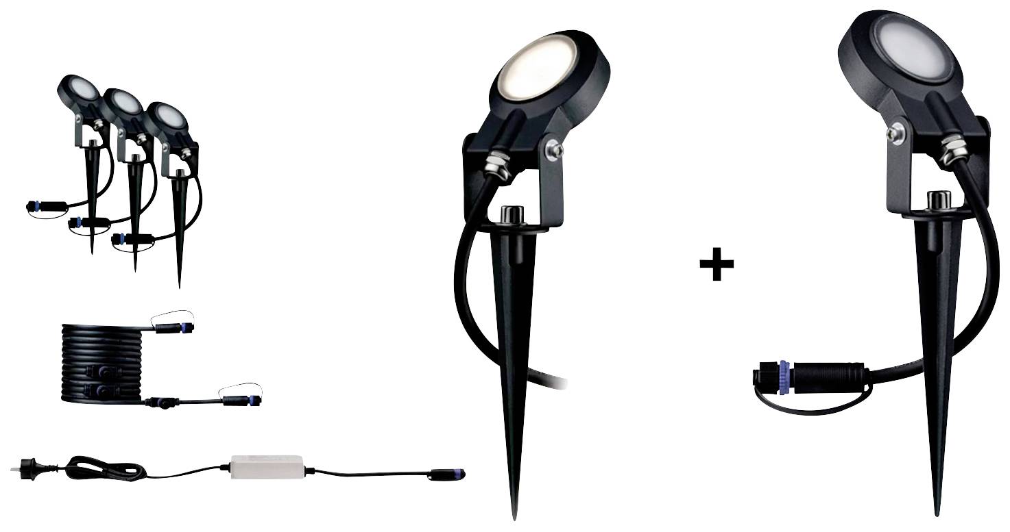 Three black LED garden spotlights with ground spikes and cable connections on the left; a single spotlight and a plus sign on the right.