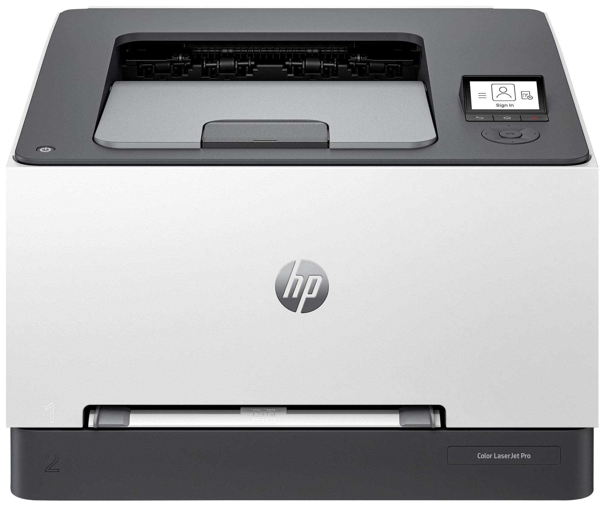 A white HP colour laser printer sits on a table. The control panel features a small display and buttons on the top surface.