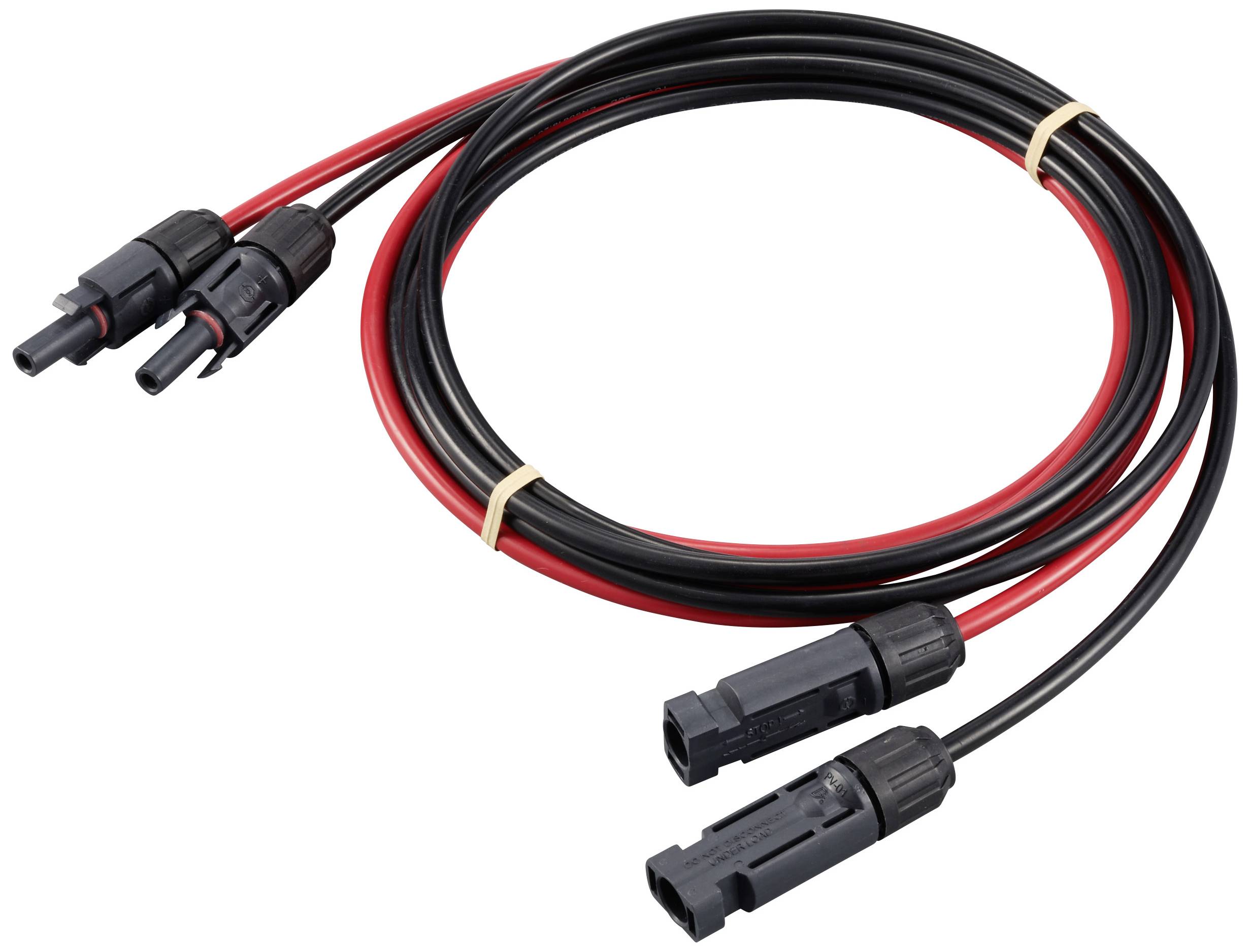 A pair of red and black solar extension cables with MC4 connectors, suitable for solar installations for power transmission.