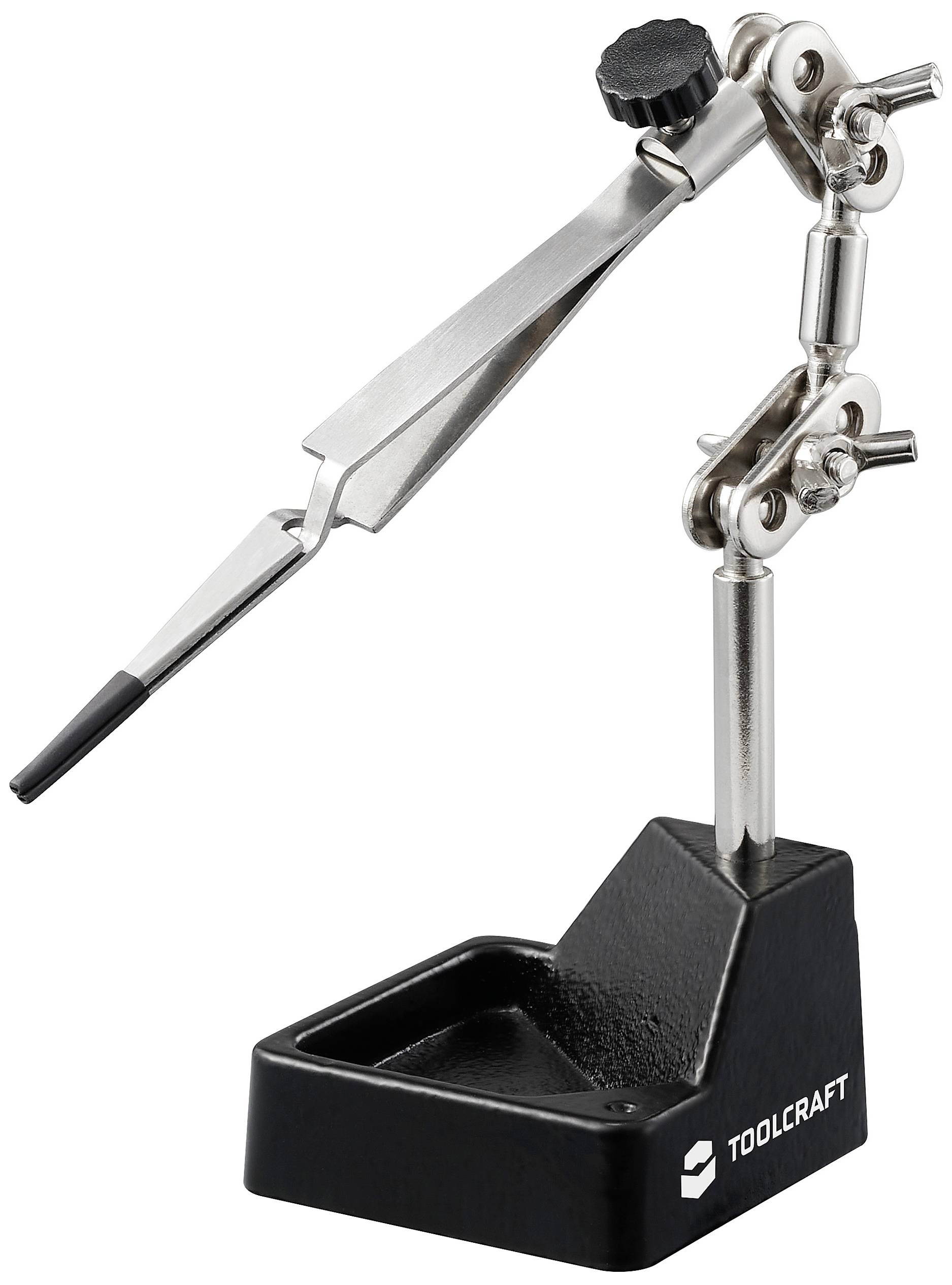 Soldering Stand 'TOOLCRAFT' with adjustable gripping arm, black base and screw clamp for precise work on small components.