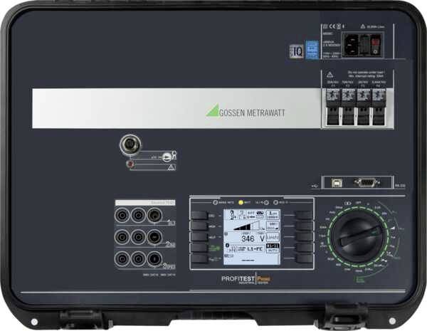 Measuring device with multiple sockets and a large display, showing voltage measurement values. Brand: Gossen Metrawatt.