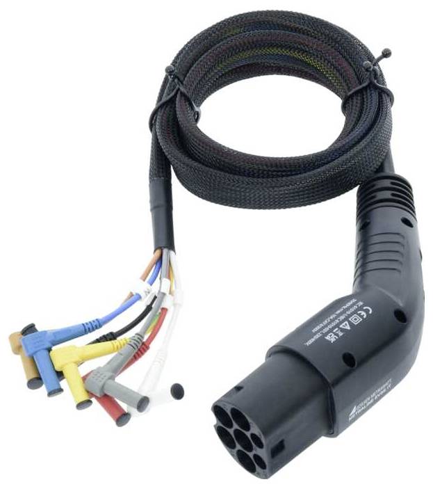 Multi-socket charging cable adapter for electric vehicles, showing various types of connectors and a spiral-shaped cable sheath.