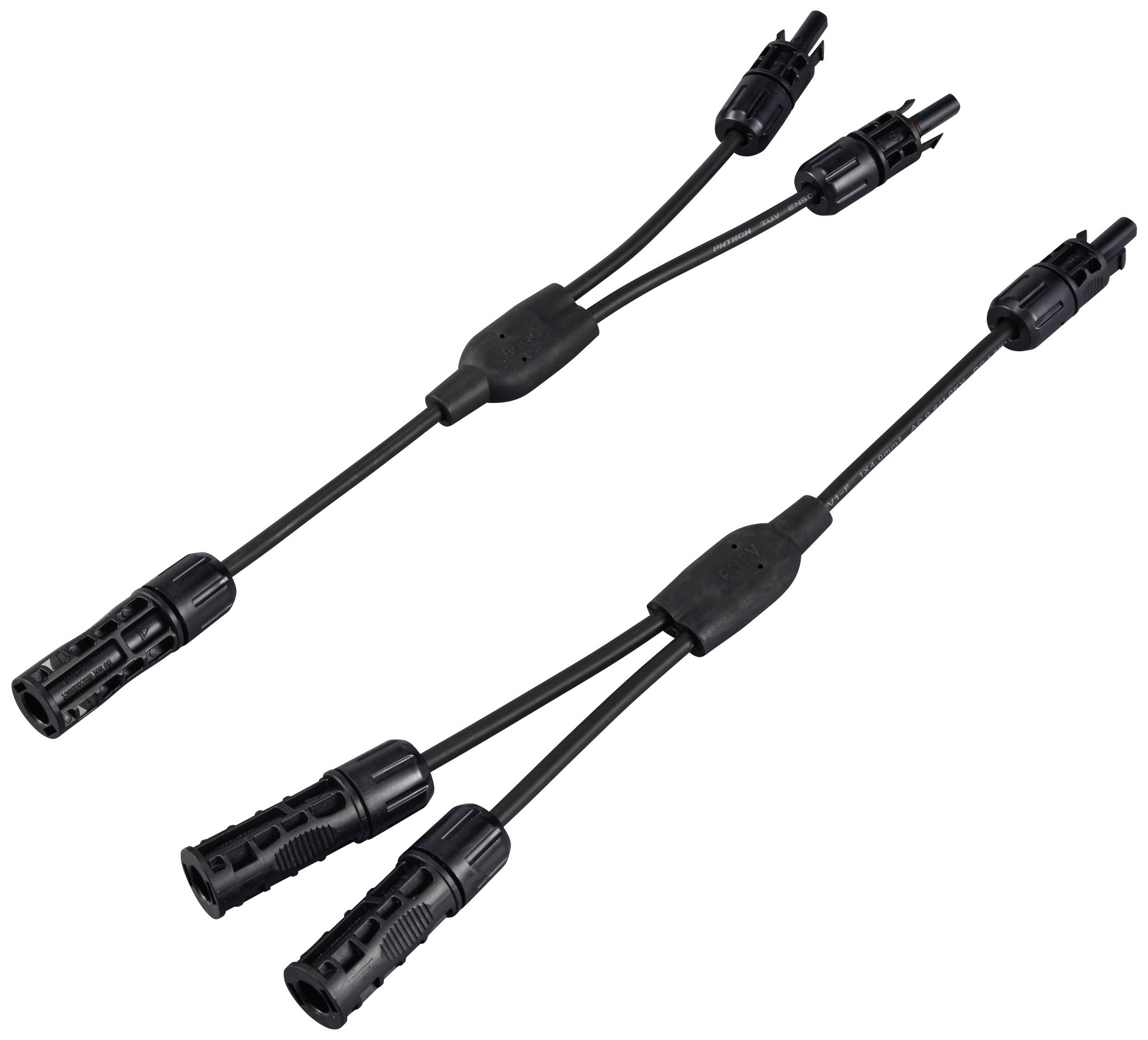 Two black Y-adapter cables with MC4 connectors for connecting solar modules, shown on a white background.