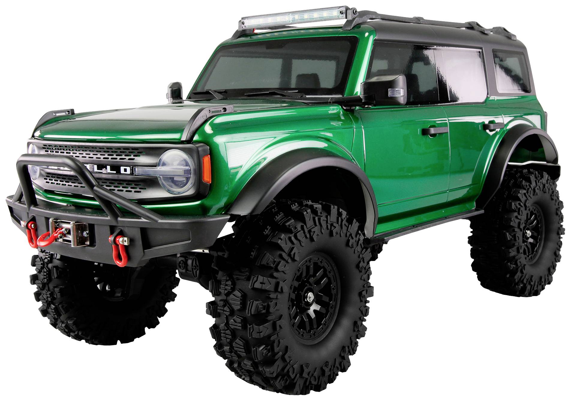 Green remote-controlled toy car in an off-road vehicle style with large wheels and detailed bodywork, perfect for off-road adventures.