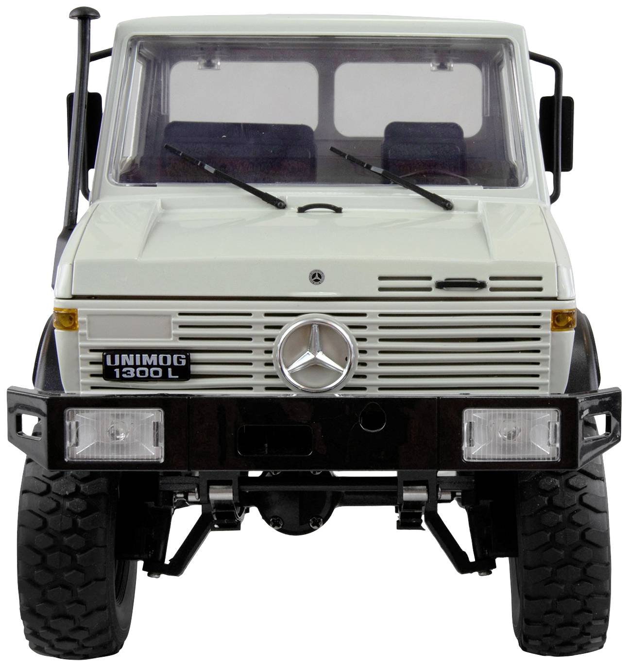 A white lorry viewed from the front, Mercedes Unimog 1300 L model, with robust tyres and a wide grille.