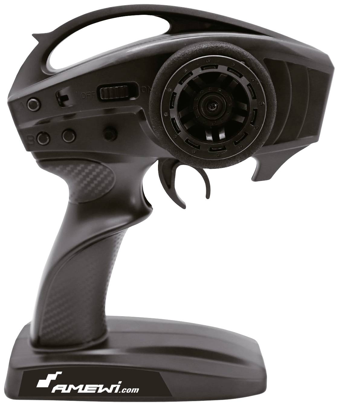 A black remote control in a pistol-style design. Buttons and levers on the left, a prominent round control ring on the right. The 'Amewi.com' logo at the base.