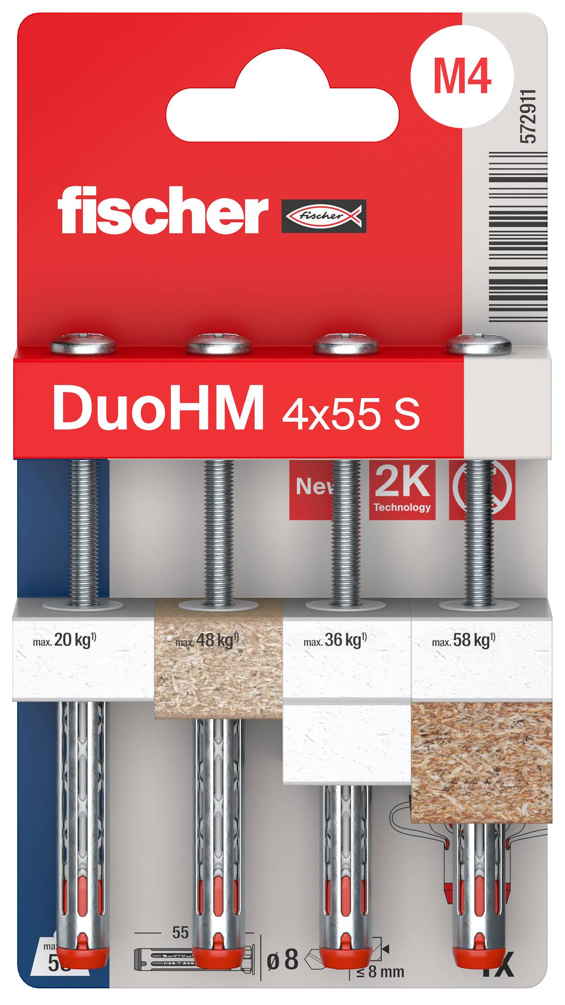 Packaging of Fischer wall plugs, model DuoHM 4x55 S, M4, shows four metal wall anchors for loads between 20 kg and 58 kg.