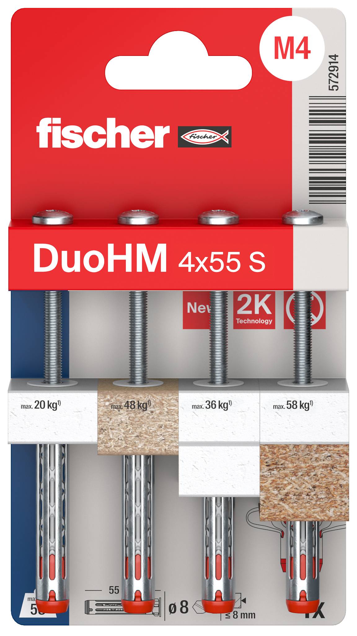 'Fischer' DuoHM Wall Plug Set, Size 4x55 S, for Concrete and Plasterboard, Load Capacity from 20 kg to 58 kg. Contains four wall plugs with screws.